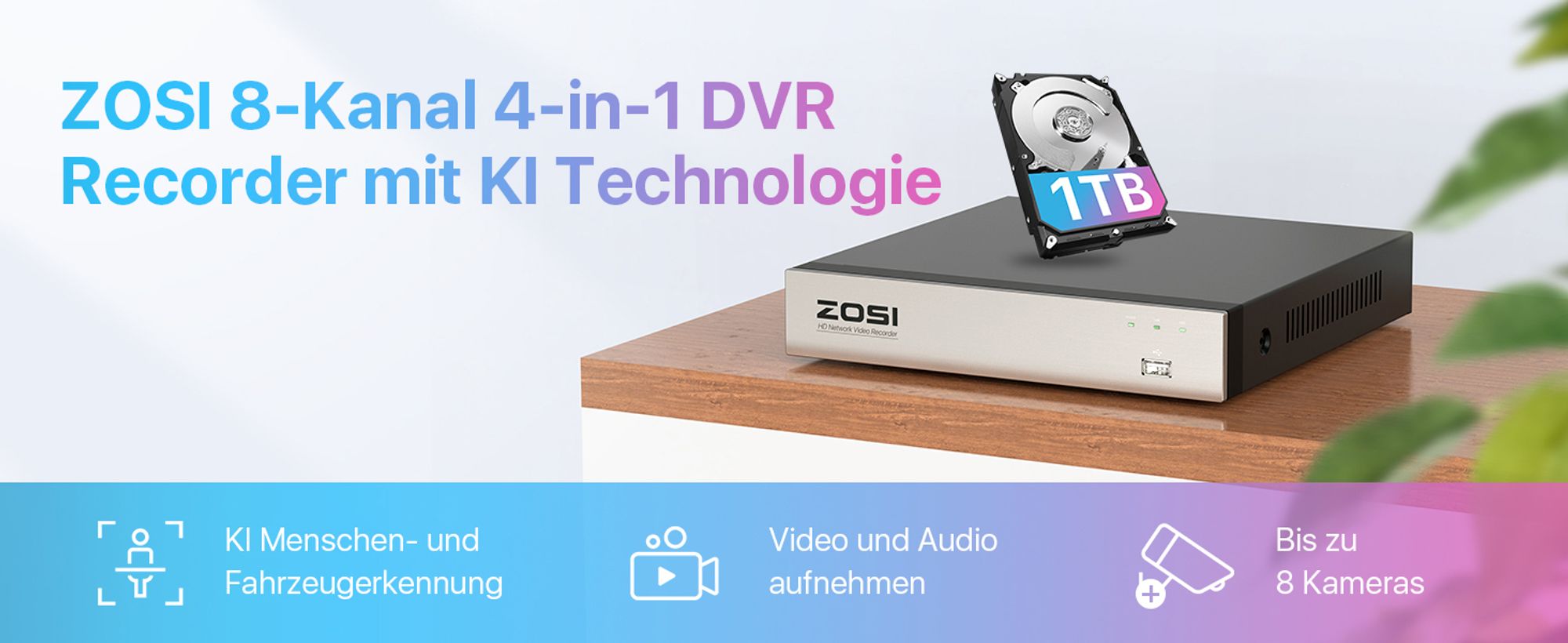ZOSI 4-in-1 8CH 1080P H.265+ DVR Recorder Receiver Aufzeichnungsgerät mit 1TB Festplatte für Kamera Videoüberwachung