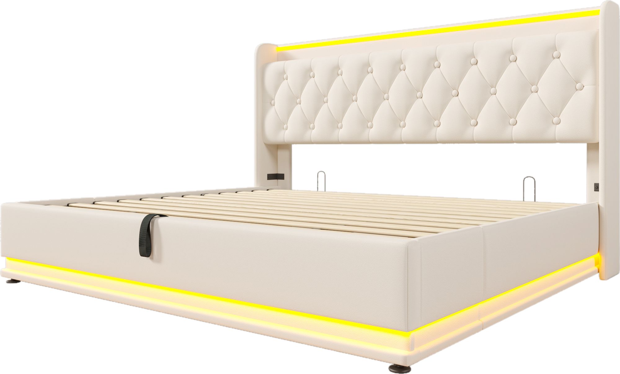Flieks Polsterbett 180x200cm mit Ladefunktion (USB&Typ-c), Jugendbett Doppelbett Stauraumbett mit LED, Hydraulisches Boxspringbett, PU, Weiß