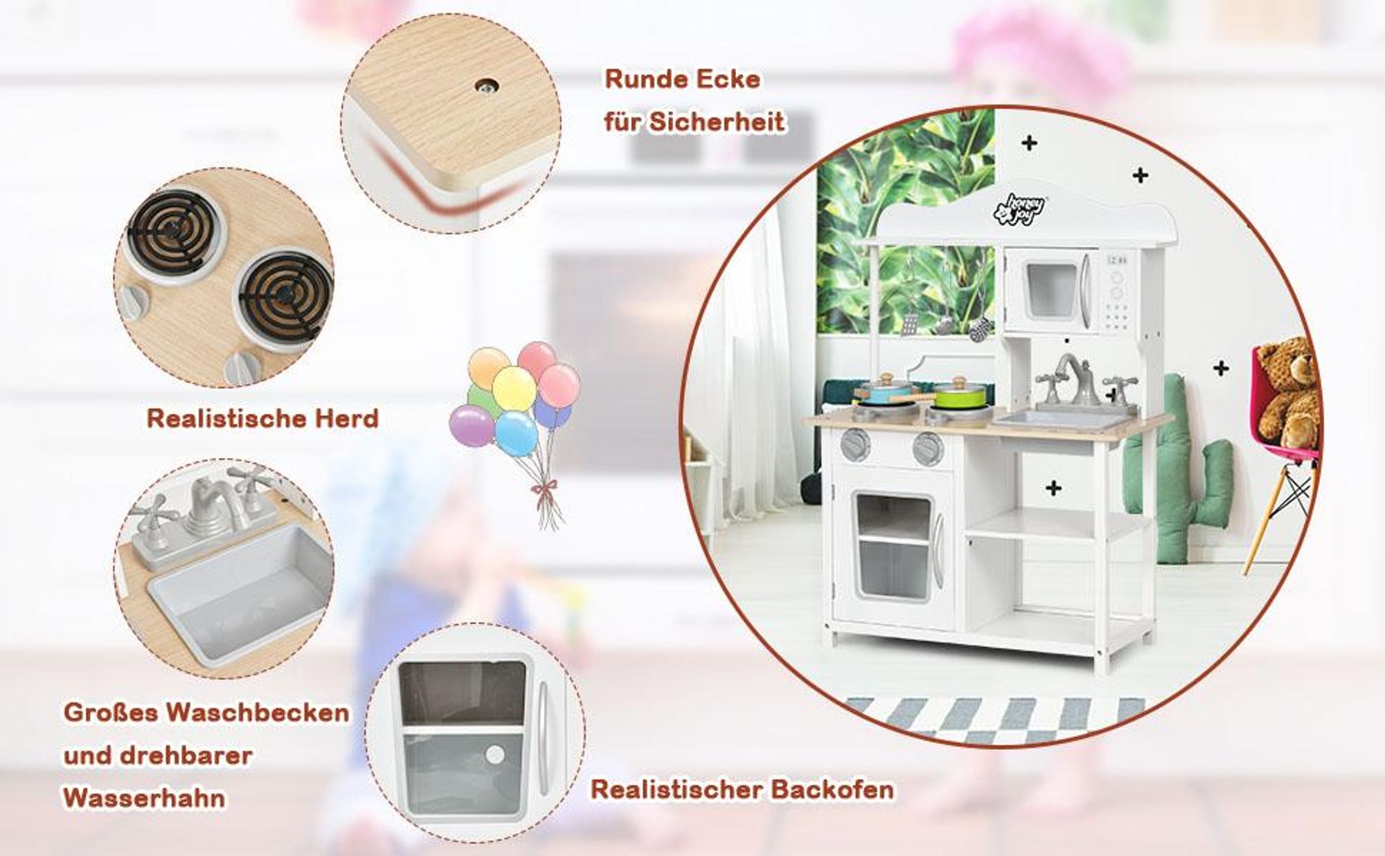 COSTWAY Kinderküche Holz, Kinder Spielküche mit Zubehör, Spielzeugküche Holzküche mit Spüle Backofen Mikrowelle & Herd, Küche-Set Weiß