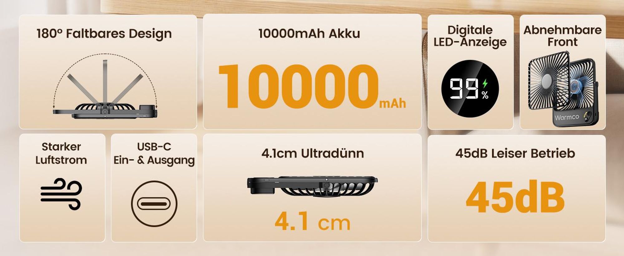 Warmco D3 Akku Ventilator 10000mAh, Tischventilator Leise, 10–24Std. USB-C, LED-Anzeige, Ultraflacher 4-Stufen Ventilator Für Büro, Schlafzimmer, Camp