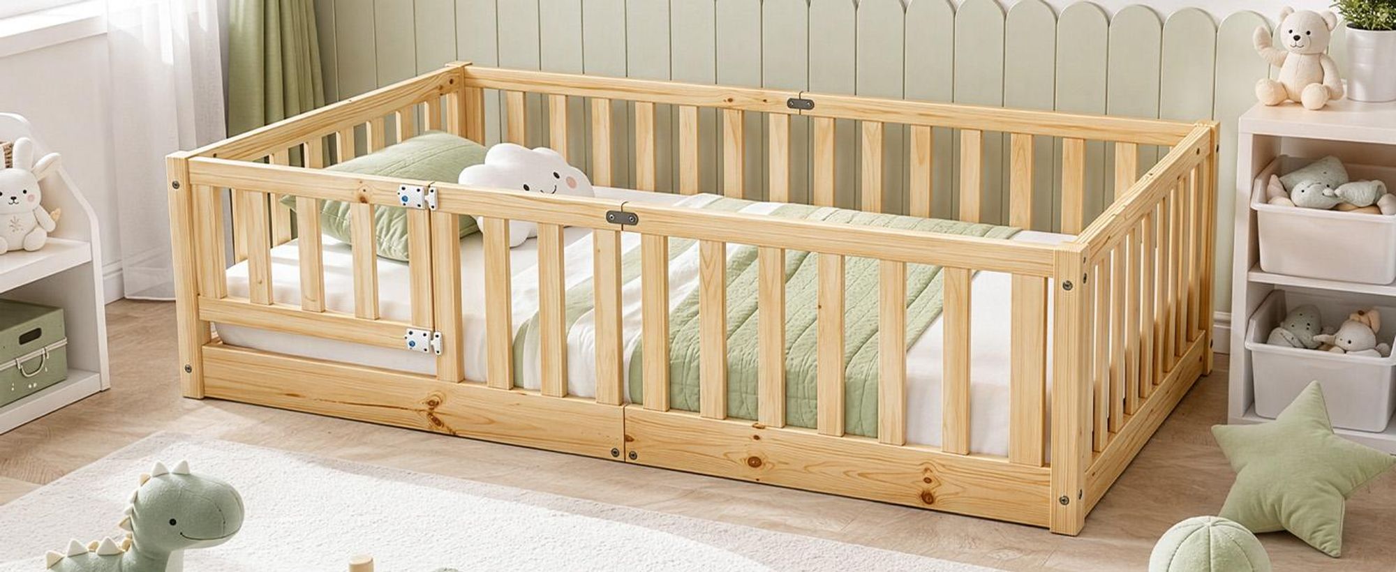 FCH Kinderbett mit Rausfallschutz & Lattenrost, 80x160cm, Montessori Bodenbett mit seitlichem Ausstieg, Einzelbett für Jugendzimmer, Naturbelassen