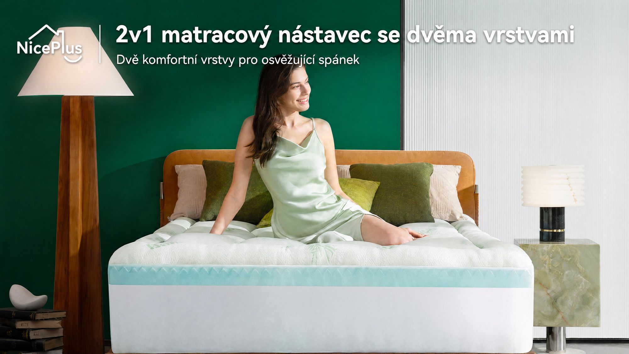 NicePlus, vrchní matrace 2 v 1, 90x200x7 cm, pěna s paměťovou vlastností (5 zón) + vrchní vrstva z bambusu, s gumovými rohy pro všechny typy matrací, tvrdost H2/H3, zelená barva