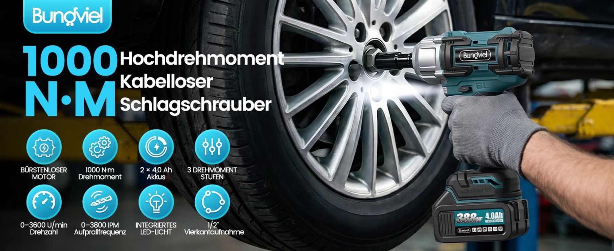 Akku Schlagschrauber 1000Nm, 21V Bürstenloser Drehschlagschrauber mit 2x 4.0Ah Akku, 1/2 Zoll Impact Wrench Set für LKW, PKW, Traktor & Reifenwechsel