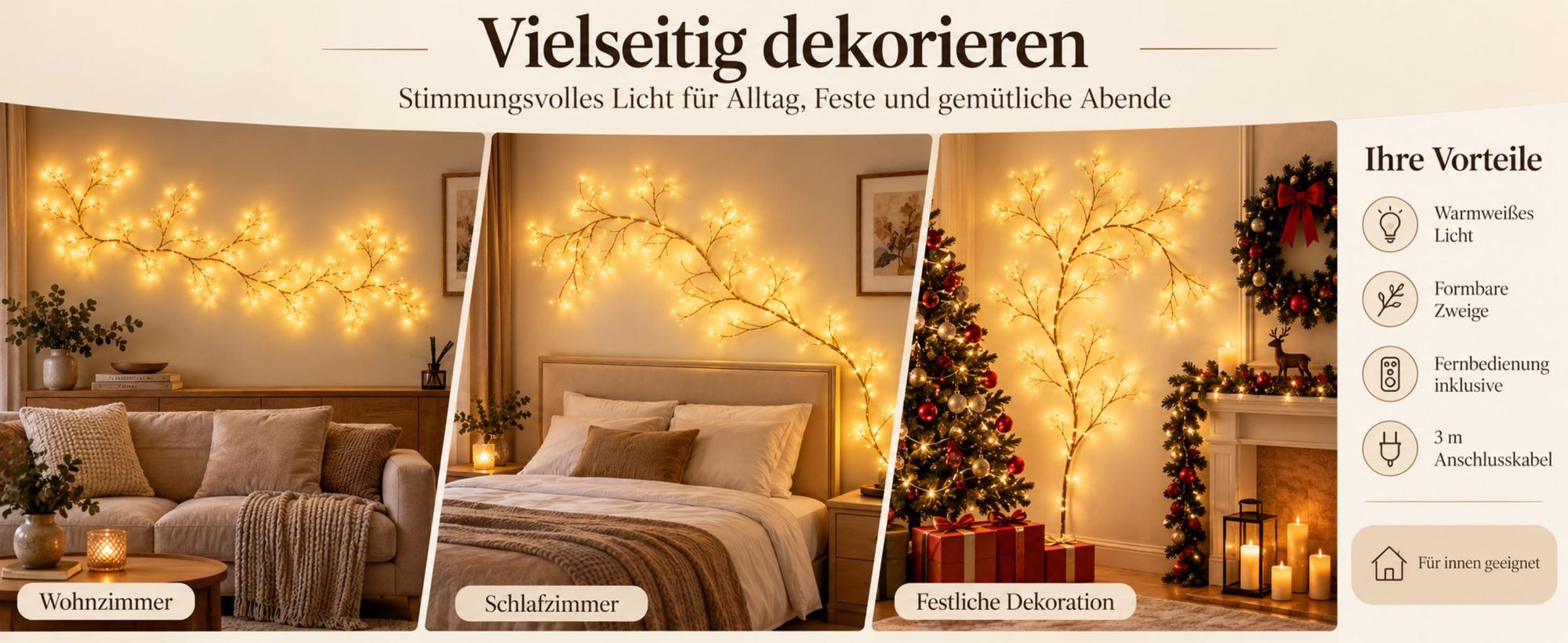 Goldfarbene LED Lichterzweige, 2,3 m mit formbaren Ästen sowie 8 Lichtmodi und 6-Stunden-Timer für wechselnde Raumdekorationen