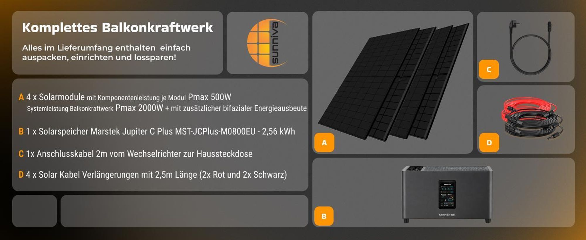SUNNIVA® 2000W Balkonkraftwerk mit 2,24 kWh Speicher MARSTEK Jupiter C + Plus, 4x500W BIFAZIAL FULLBLACK komplett Steckdose, Solaranlage Solarspeicher