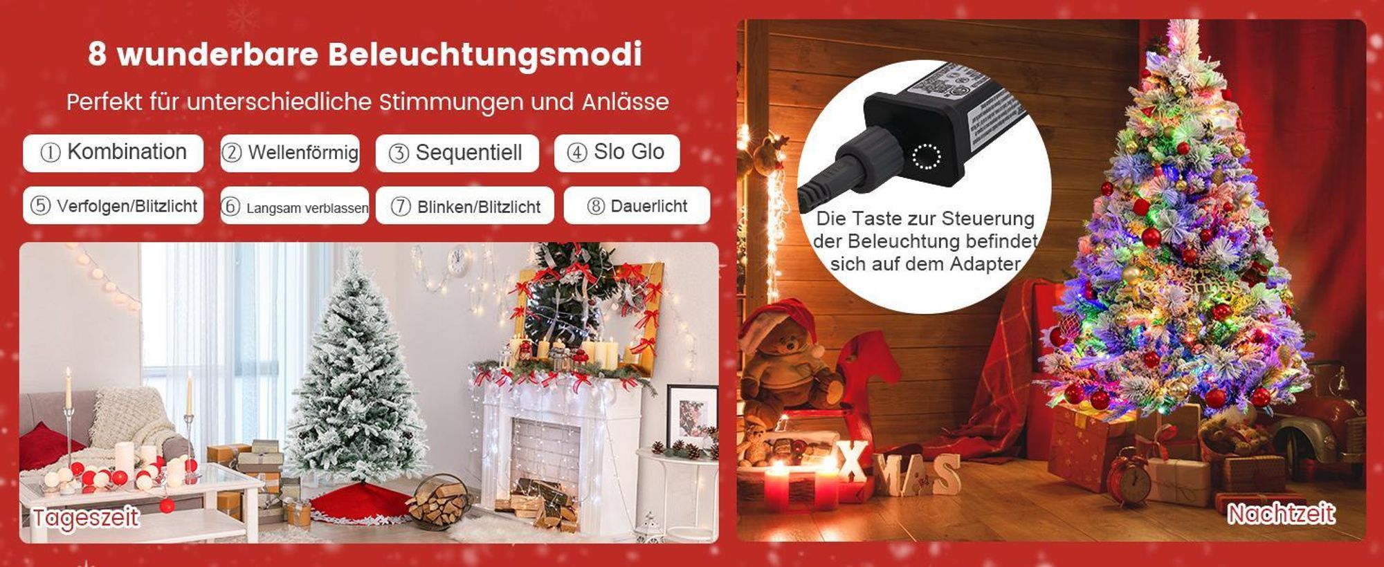 COSTWAY Künstlicher Weihnachtsbaum 180cm, Tannenbaum mit Schnee und Zapfen, 8 Lichtmodi & 850 PE PVC Zweigspitzen, Christbaum, Kunstbaum Weihnachten
