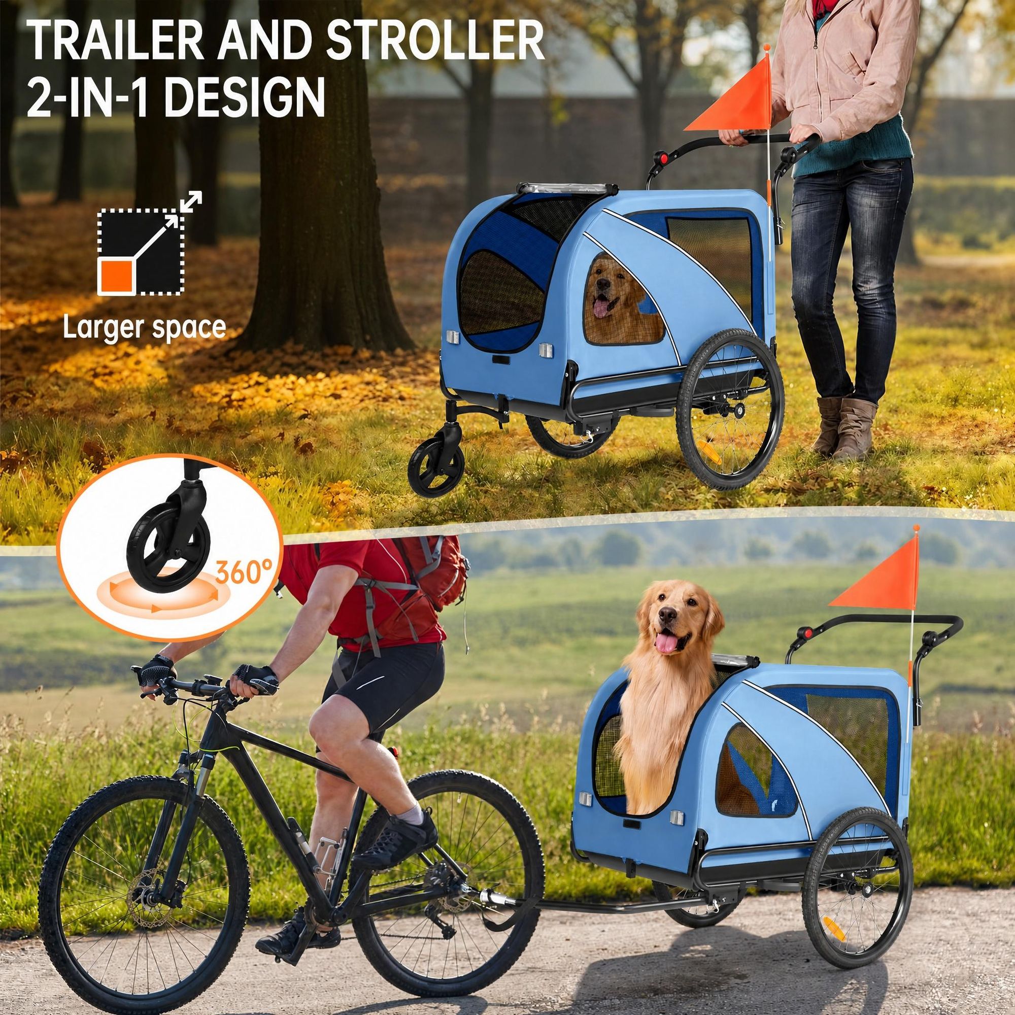 Sepnine 10202NS Remorque Vélo Chien 2-in-1 Bleu 110 lb