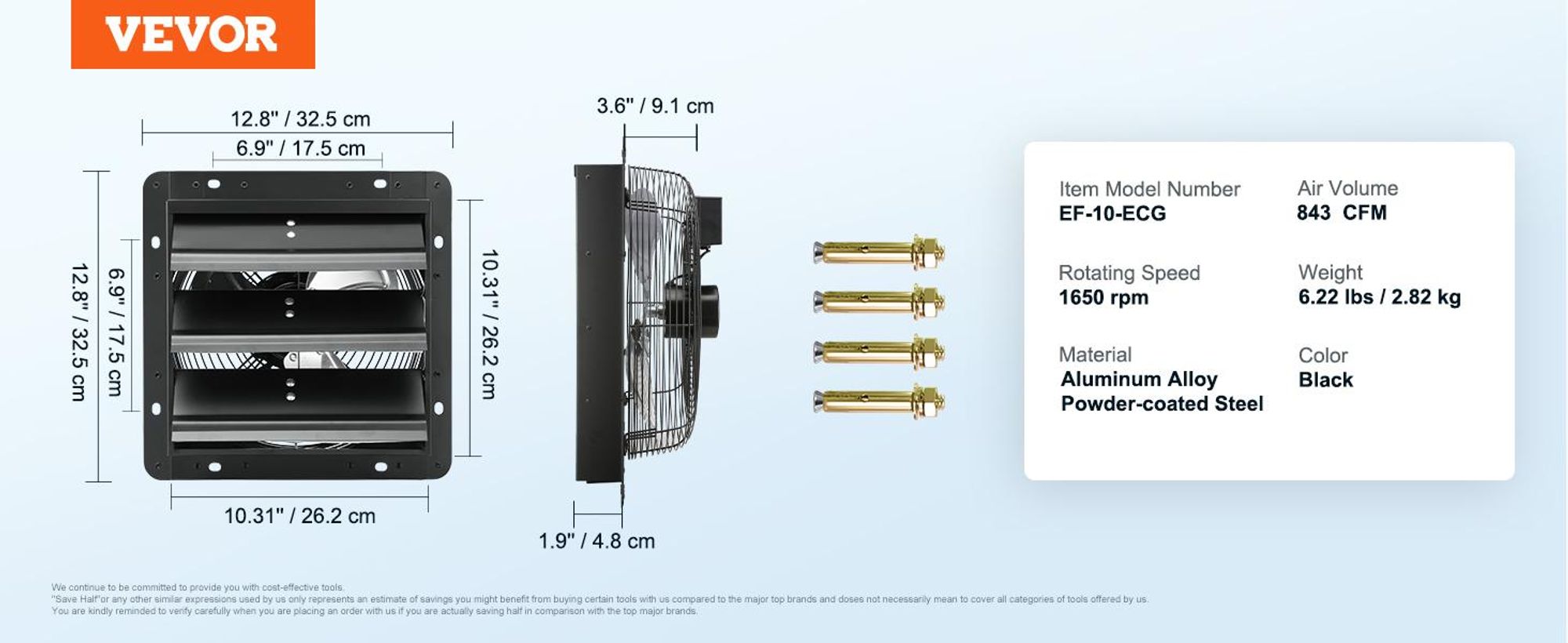 VEVOR Abluftventilator, 254 mm, Temperatur-Feuchtigkeitsregler, EC-Motor, 843 CFM, Wandlüfter mit Geschwindigkeitsregelung zur Wandmontage, Belüftung und Kühlung für Gewächshäuser, Garagen, Schuppen