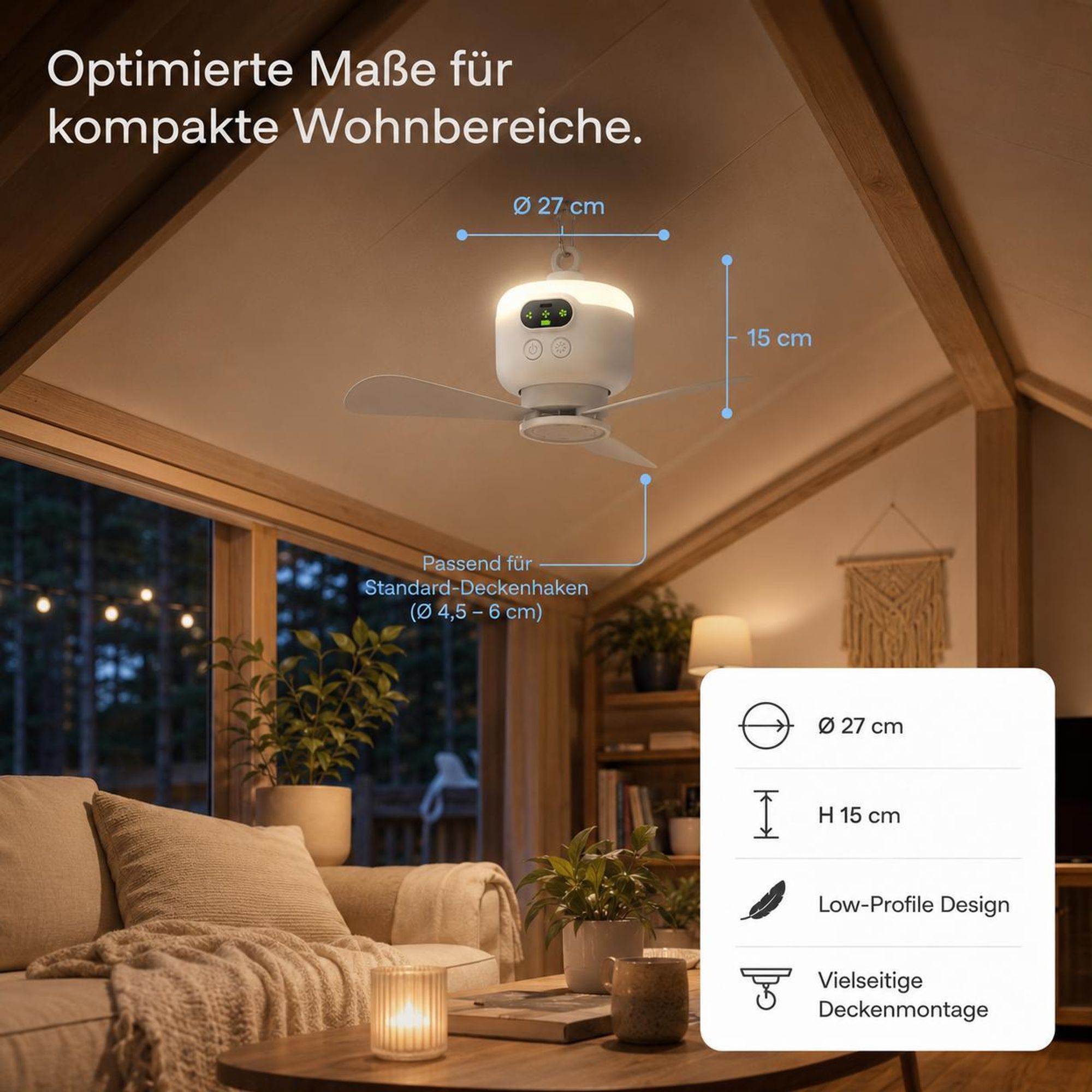 Ø27cm Mobiler Akku Deckenventilator mit Licht 8000mAh USB-C Ventilator 4 Stufen & Timer Tragbarer Zeltventilator für Camping RV Outdoor & Wohnmobil