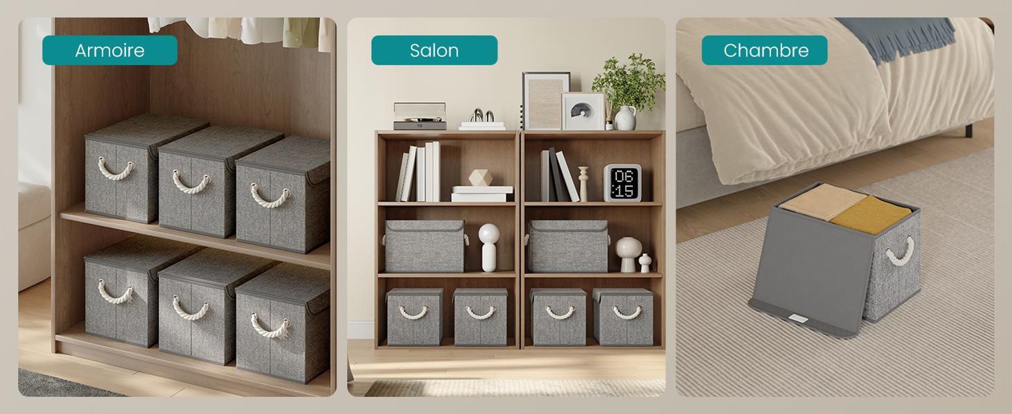 SONGMICS Aufbewahrungsbox mit Deckel, 3er Set, klappbar, Stoffboxen, Aufbewahrung, Organizer, für Kleiderschrank, Griffe, für Schlafzimmer