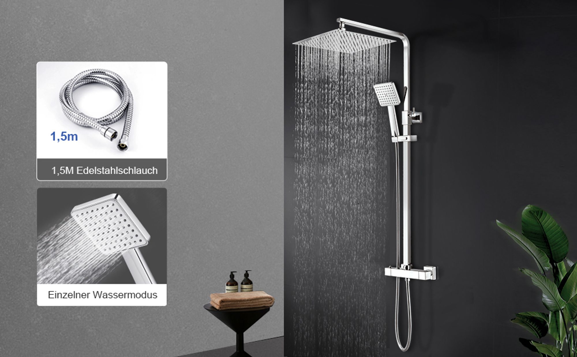 Heilmetz Regendusche Duschsystem mit Thermostat, 30x30cm Edelstahl Duschset, Höhenverstellbar (Chrom/Eckig)