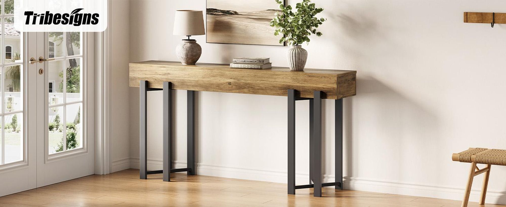 Tribesigns Schmaler Konsolentisch 160 cm, im Landhausstil - Platzsparend für Diele, Flur & Wohnzimmer, als Couchtisch mit robustem Metallgestell
