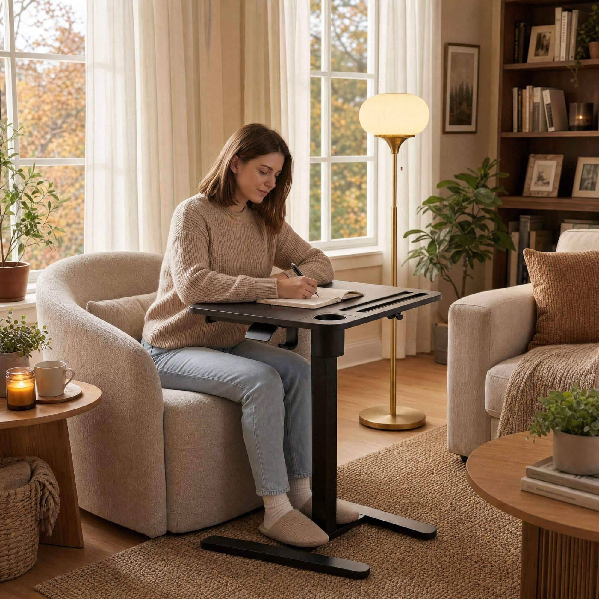 di volio Mobiler Schreibtisch DOZIA höhenverstellbar mit Gasfeder, kleiner Walking Pad Tisch mit Rollen, Computertisch mit Tabletfach & Getränkehalter (schwarz)