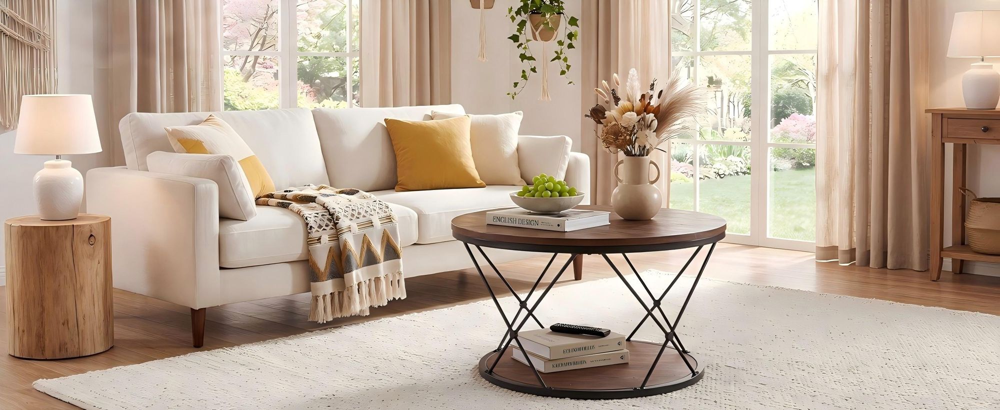Tribesigns Runder Couchtisch 80 cm, Industrial Massivholz Kaffeetisch mit unterem Regal, platzsparend für Wohnzimmer, Rustikales Braun + Schwarz