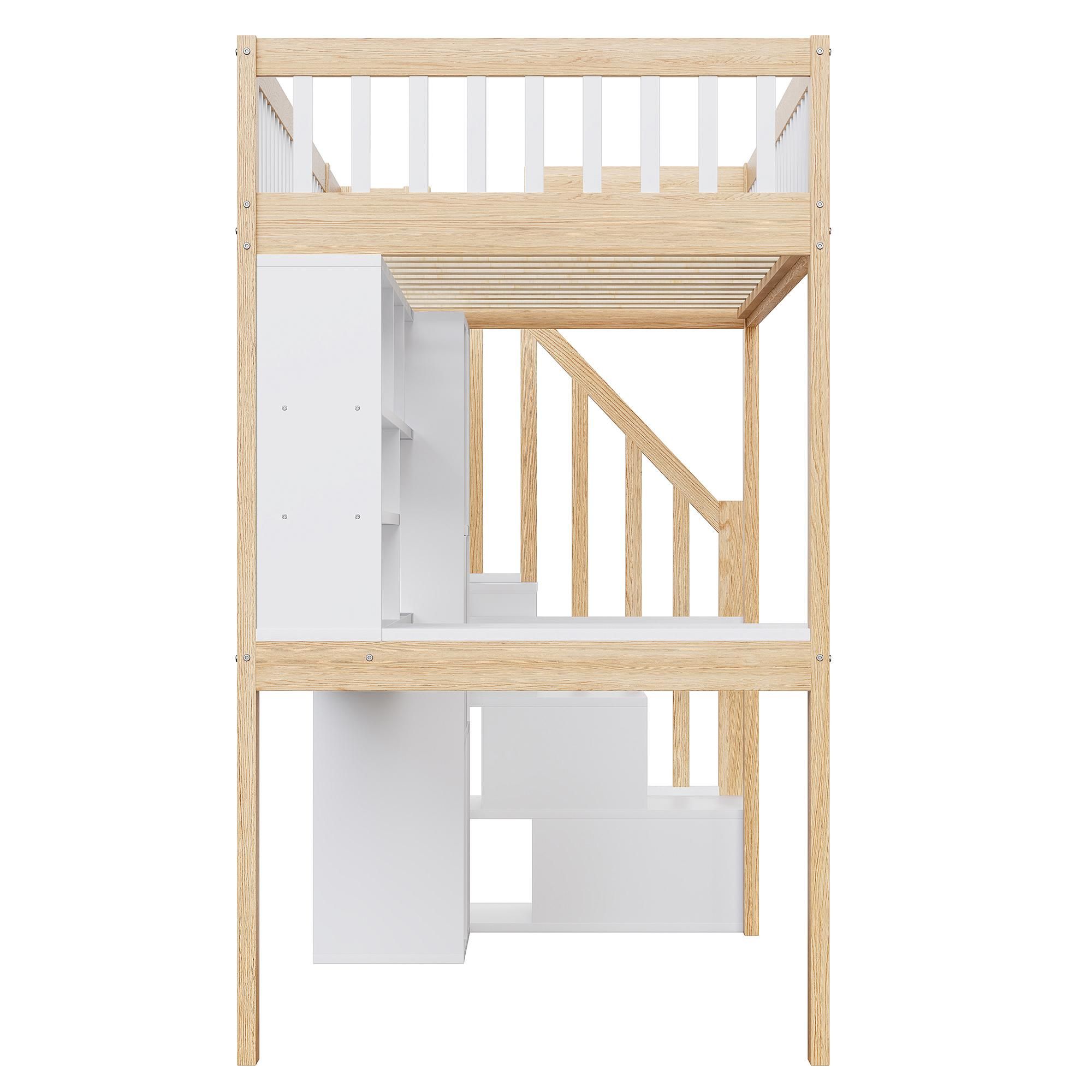Flieks Etagenbett 90x200cm mit Schreibtisch & Regal, Hochbett mit LED & Schrank, Kinderbett Jugendbett mit Schubladen, Stockbett Einzelbett Holzfarbe