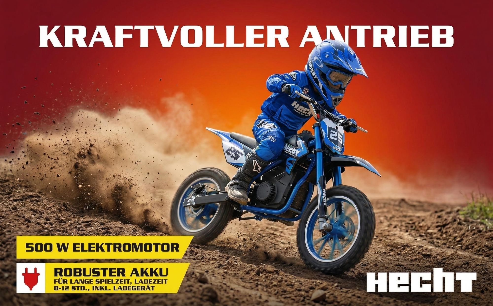 HECHT 54502 Elektro Pocketbike | Blau | bis 25km/h | 500W | bis 75kg | 36V | 8Ah Akku | 8-12h Ladezeit