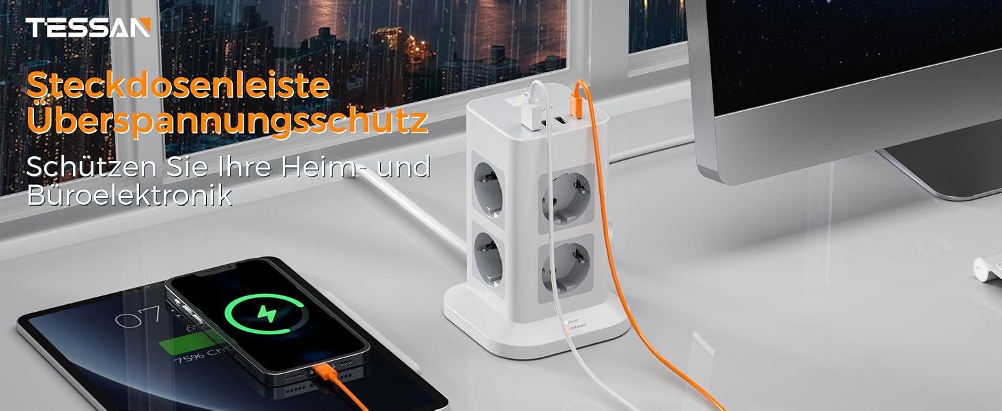 TESSAN 8 Fach Mehrfachsteckdose mit 1 USB C und 3 USB A Verlängerungskabel 2M Überspannungsschutz 3600W