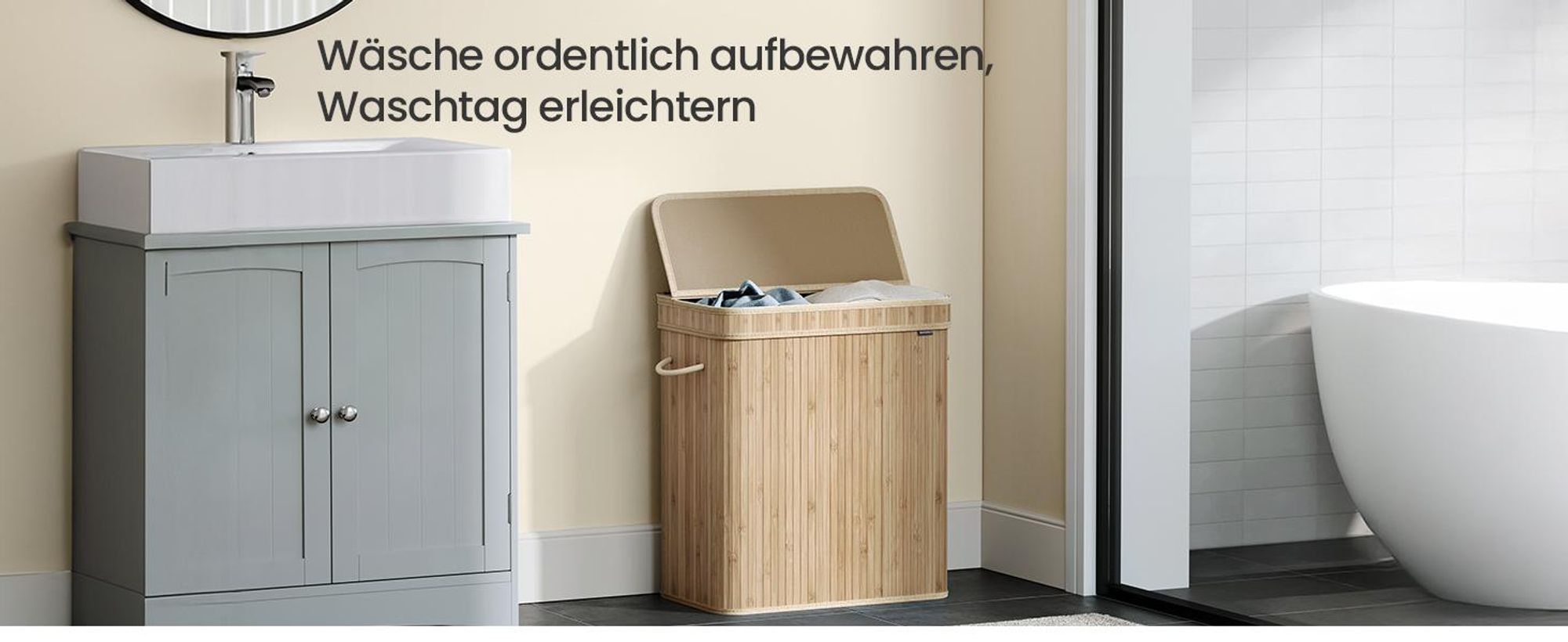 SONGMICS Wäschekorb mit Deckel, Bambus, Wäschesack herausnehmbar, 100 Liter