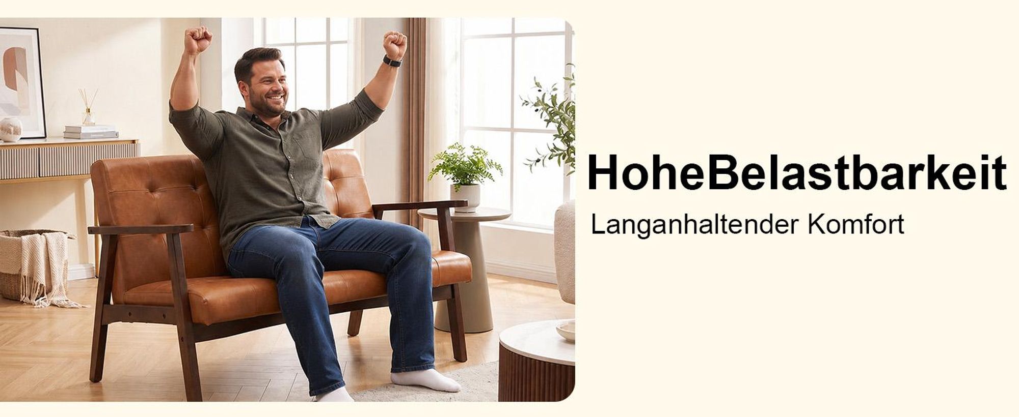 2-Sitzer skandinavisches Sofa aus Kunstleder, Armlehnen, Massivholzrahmen, für Wohn-/Schlafzimmer/Büro, Traglast 240 kg, 124x74x75 cm, Karamell