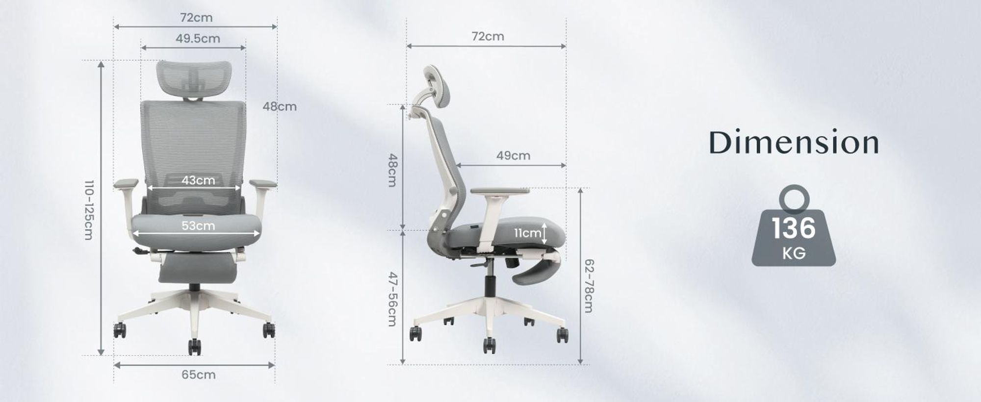 FLEXISPOT Foldex Ergonomischer Bürostuhl, klappbarer Bürostuhl für Kleine Räume mit Lendenwirbelstütze Höhenverstellbaren Armlehnen mit Fußstütze Grau