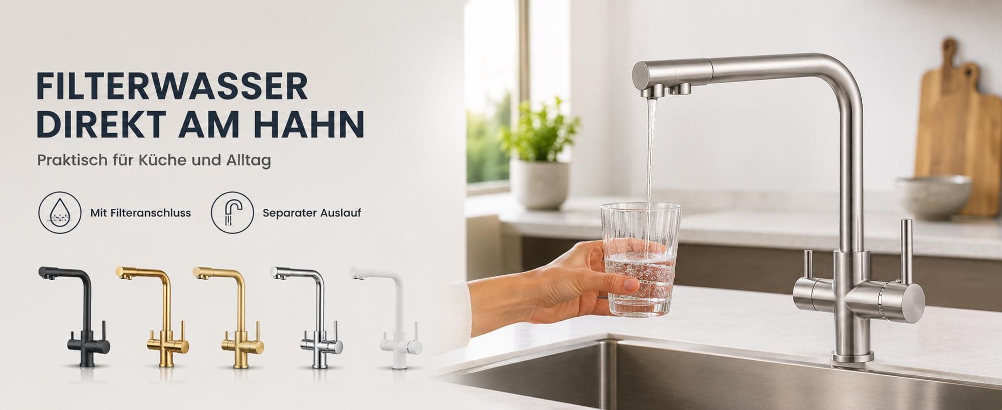 3-Wege Küchenarmatur Venom mit Wasserfilter-Anschluss, herausziehbare Brause, 360° schwenkbar, getrennte Wasserwege, Keramikkartusche INOX