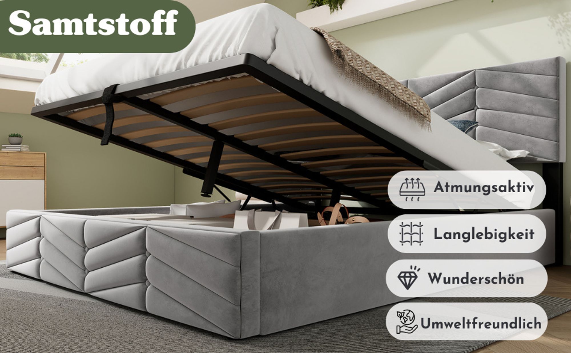 okwish Polsterbett 180×200cm Stauraumbett Doppelbett mit verstellbares Kopfteil,hydraulisches Kontinentalbett,Streifenstil,Samt,Grau,ohne Matratze