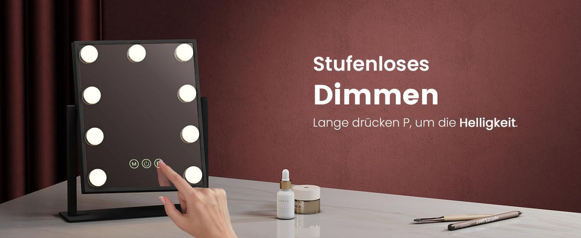 EMKE Hollywood Kosmetikspiegel 85x364x475mm mit 7x Vergrößerungsspiegel, Schwarz Schminkspiegel mit intelligent Touchscreen und 3 Lichtfarben, 12 Dimmer-LED-Leuchten, 360° drehbar und Memory-Funktion