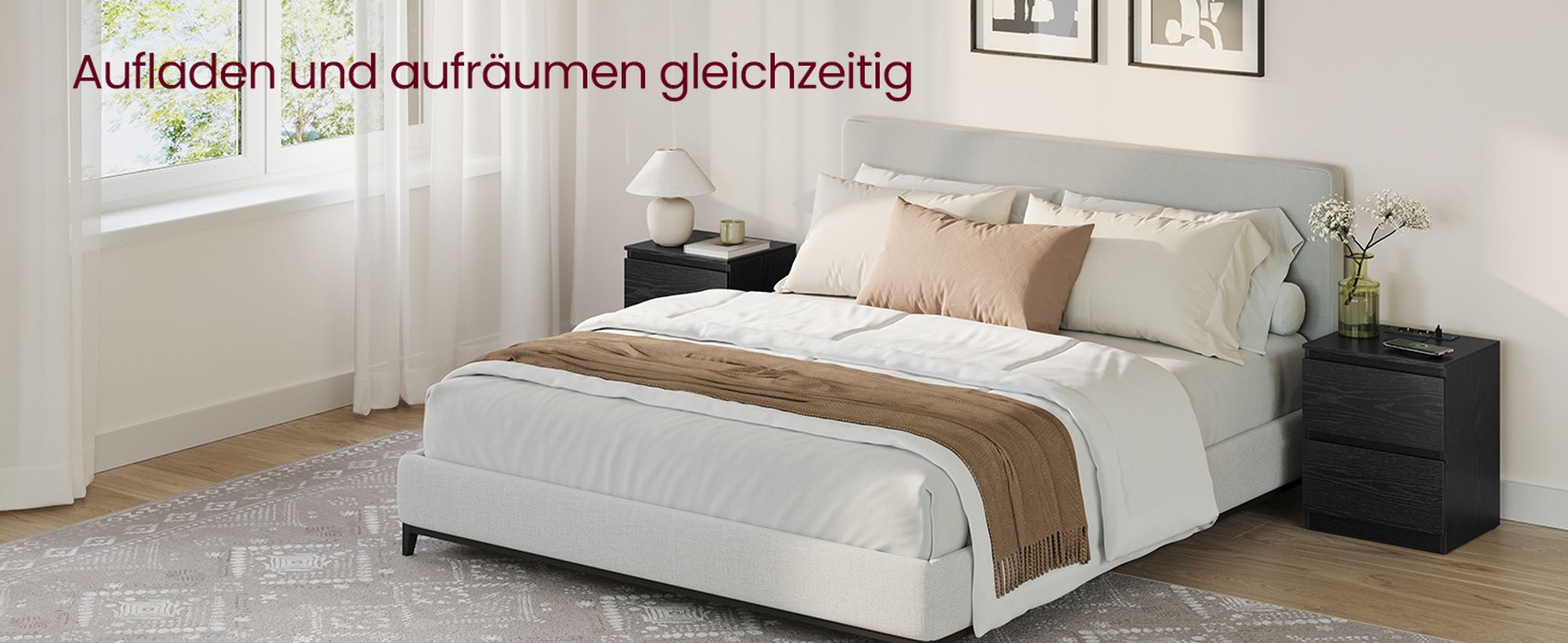 VASAGLE Nachttisch mit Steckdosenleiste, 2er Set, Beistelltisch modern