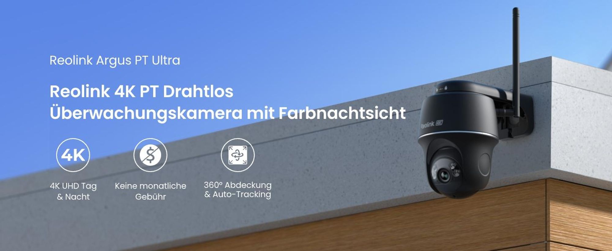 Reolink Argus PT Ultra, 4K 8MP Akku Überwachungskamera Aussen, 2,4/5GHz WiFi, Auto-Tracking, Farbnachtsicht, Smarte Erkennung, 2-Wege-Audio, Schwarz