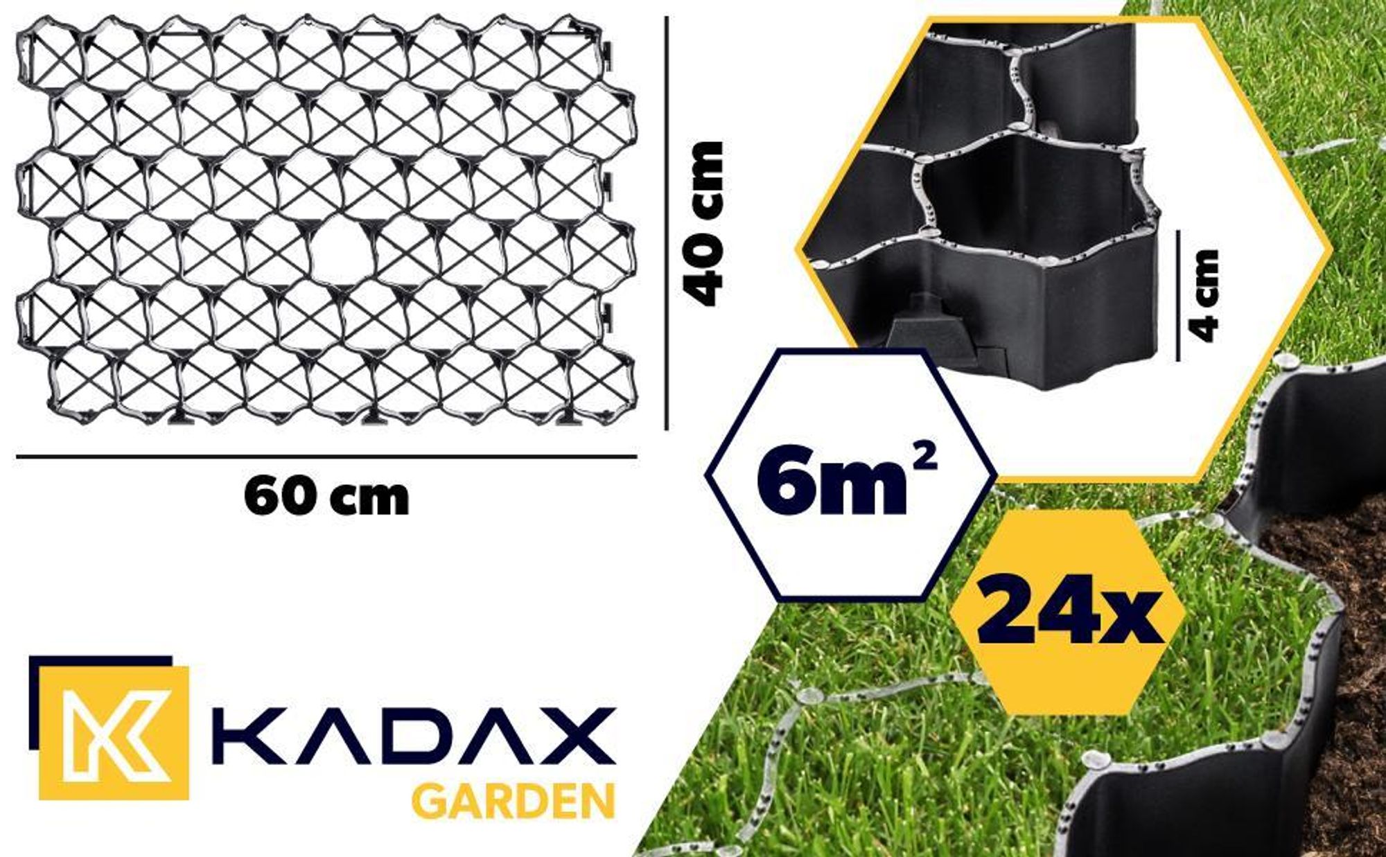 KADAX Rasengitter aus Kunststoff „Lund", Paddockplatte, Rasengitterplatten, Schwarz, 60x40cm, 24 Stück
