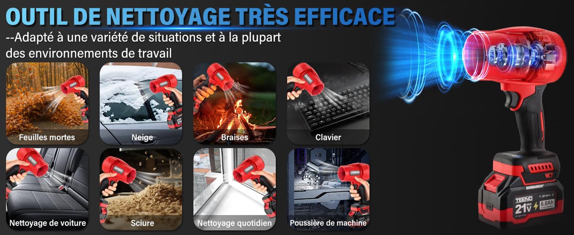 TEENO - Souffleur sans Fil 21V – 3 Vitesse Max 35000 TR/Min, Léger, Compact, 3 Buses Incluses, 2x6,0Ah Batteries - Chargeur, Makita Compatible