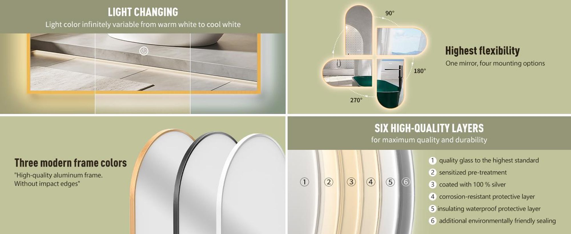 HOKO specchio da bagno ad arco LED 60x100 cm con cornice in metallo, montaggio ALTO+QUARTO, specchio ad arco+interruttore a sfioramento+cambio di luce 2700-6500K, bianco caldo-bianco freddo