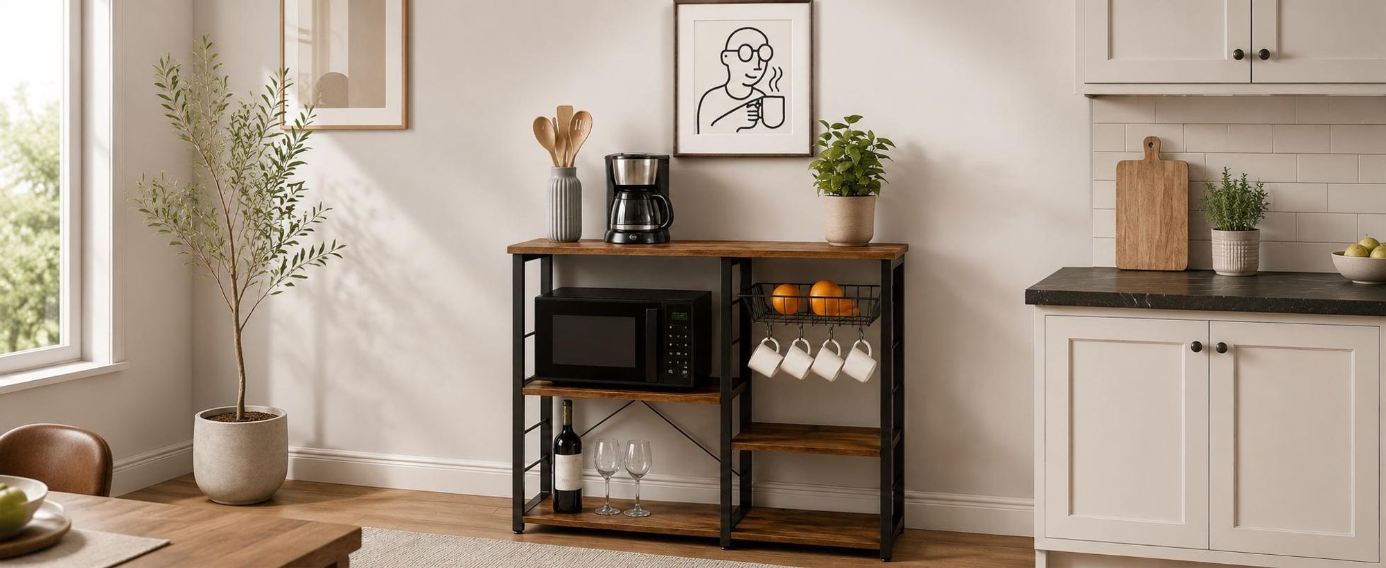BEGRYF Küchenregal mit Arbeitsplatte Eichefarben Schwarz 90x40x84 cm Standregal mit Korb Haken Küchenhelf Industrial