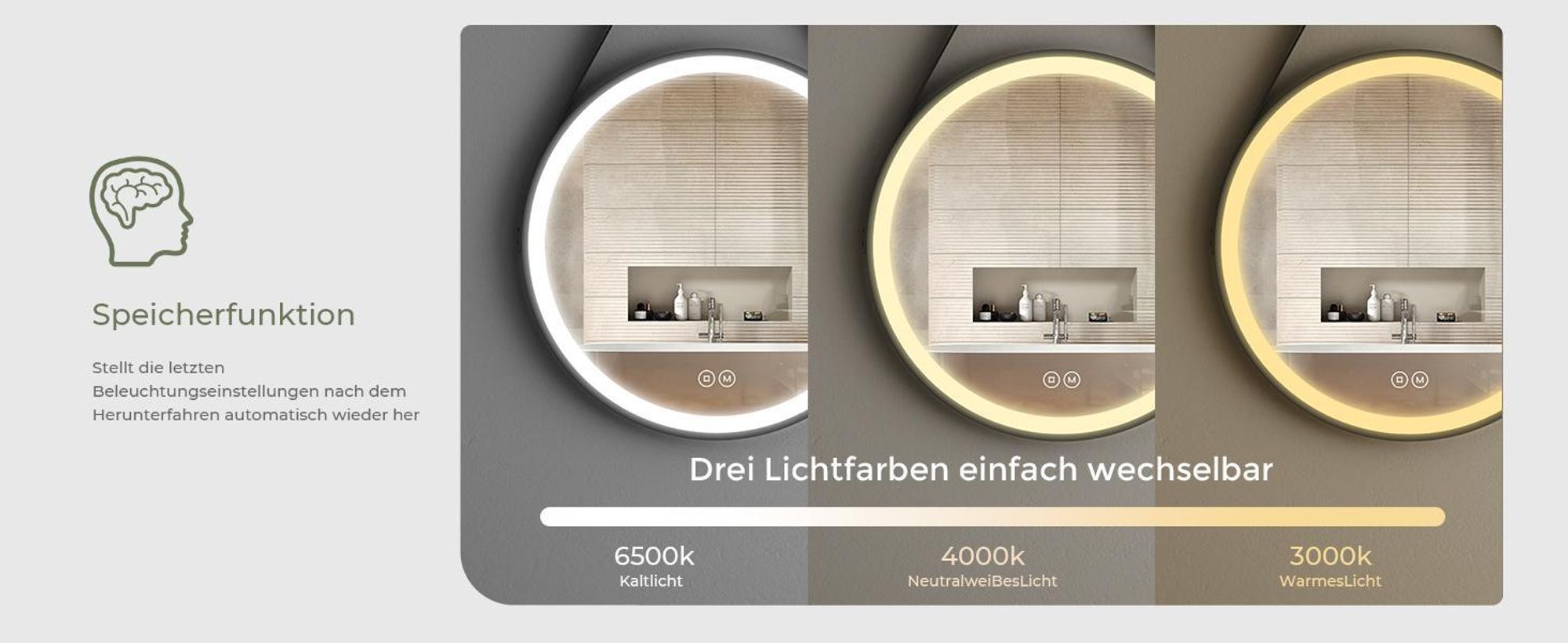 S'AFIELINA 70cm LED Badspiegel Rund Badezimmerspiegel mit Beleuchtung Schwarzer Rahmen Wandspiegel mit Touch-Schalter, 3 Lichtfarbe 3000/4000/6500K