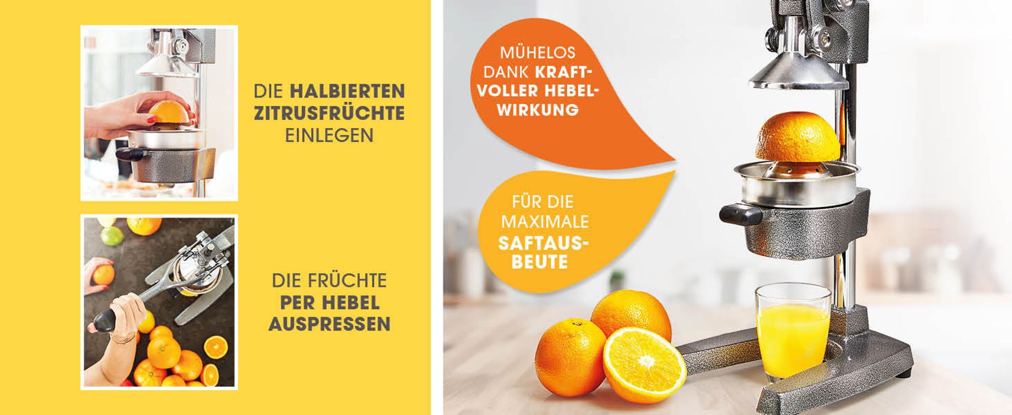 Lumaland Edelstahl Saftpresse Hochwertige, sehr leise, manuell bedienbare Zitruspresse Entsafter Stilvolle Handpresse Einfach frische Säfte pressen