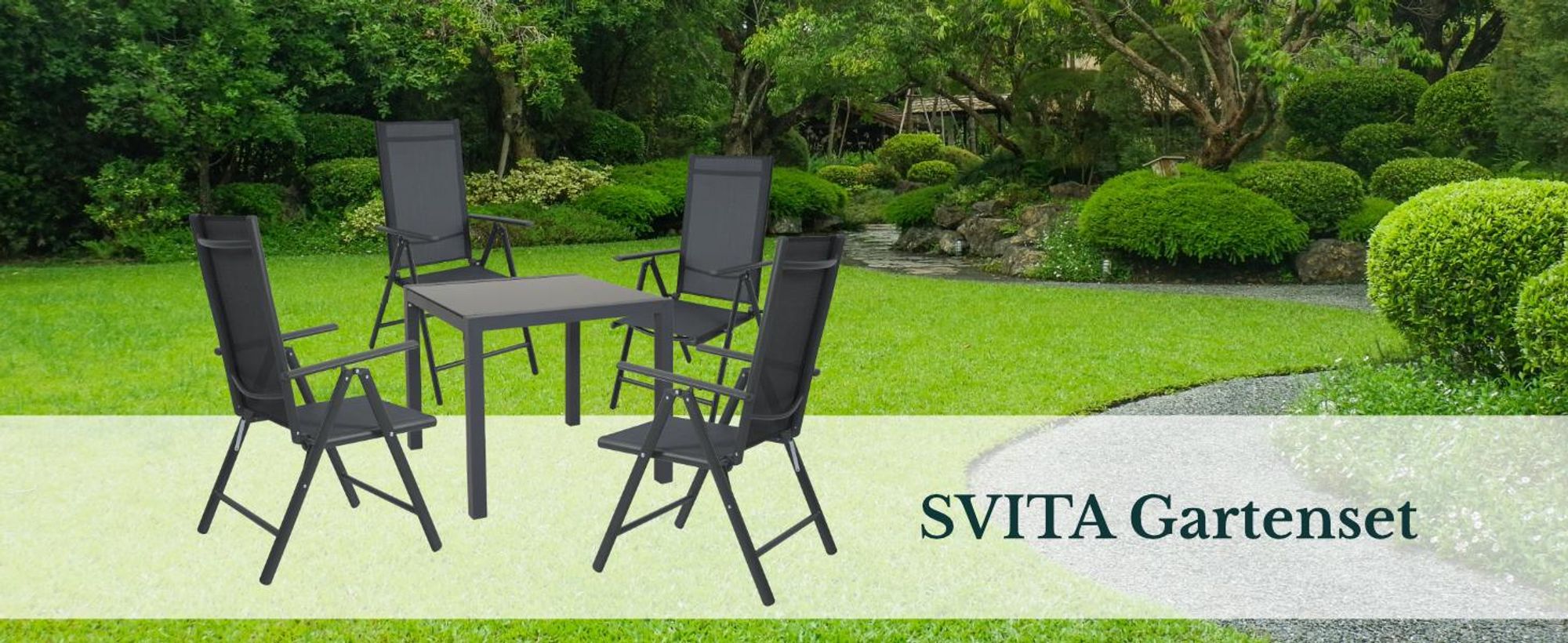 Set aus 4 Stühlen und 1 Tisch vor einer Rasenfläche