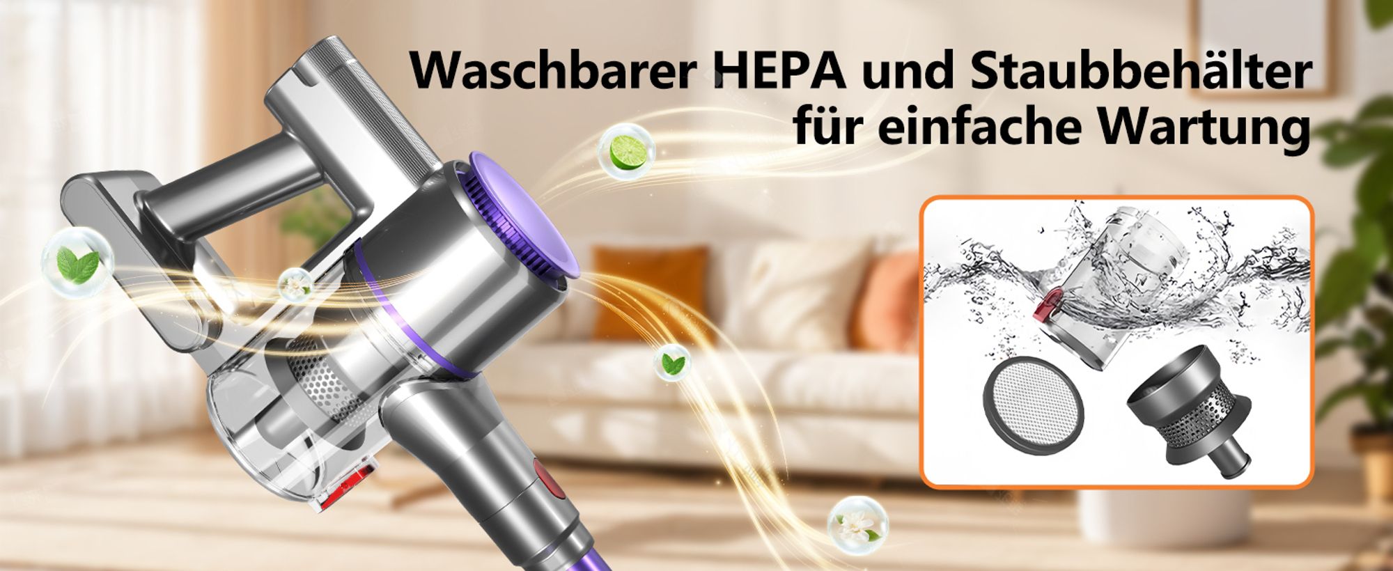 Portreen Akku Staubsauger,HEPAx4, 40000Pa Staubsauger kabellos,50 Min,Haushalte mit Haustieren ,kabelloser Staubsauger,Anti-Tangle-Staubsauger
