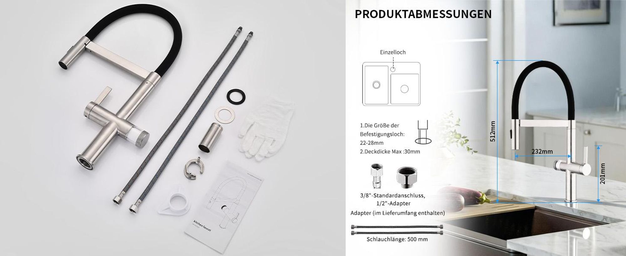 Homelody 304 Edelstahl Küchenarmatur, Ausziehbarer Auszug, Magnetisch, Filterfunktion, 2 Strahlarten, 360° Drehbar, Kaltstart-Ventil, für Doppelspülen