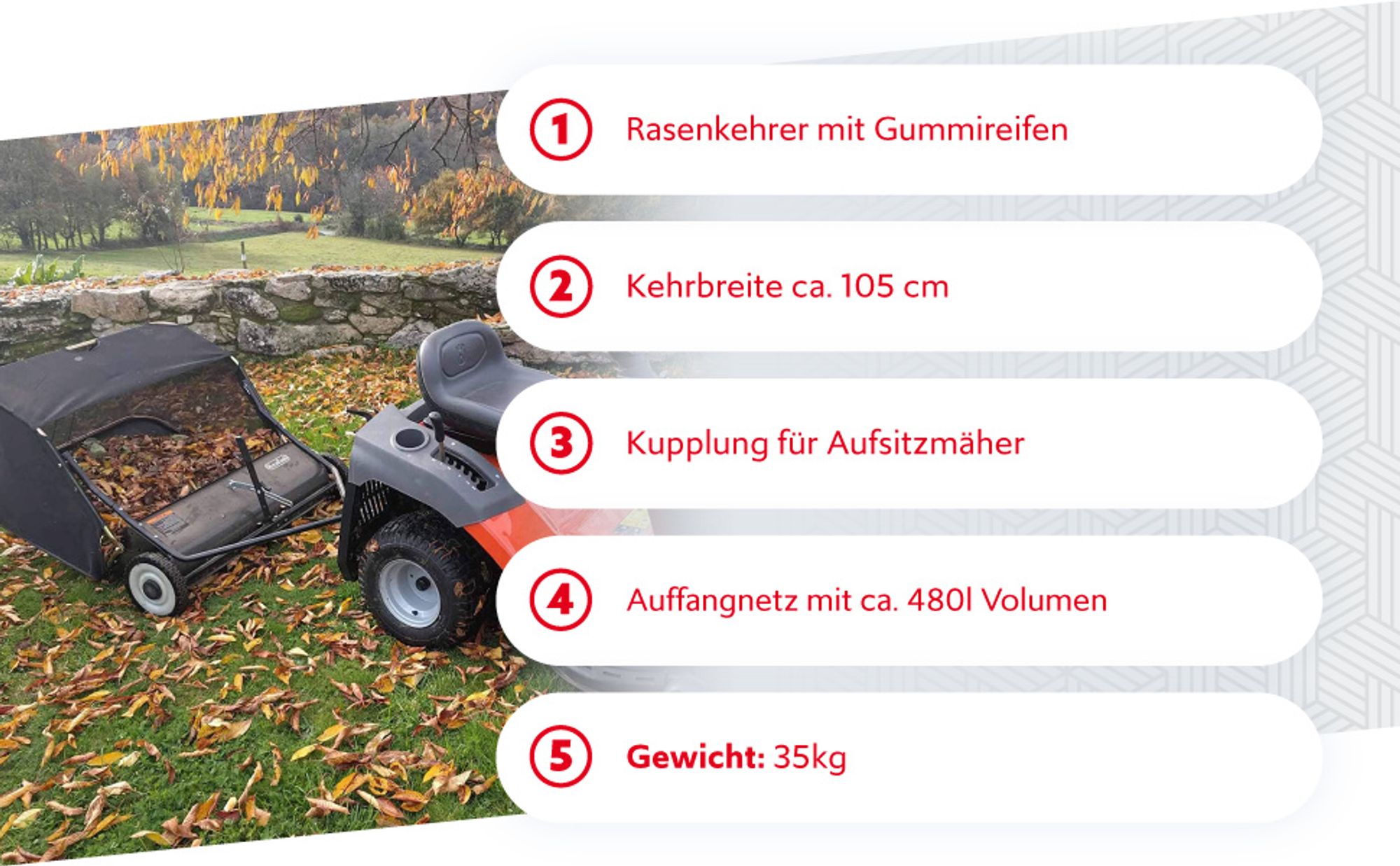 Wiltec Rasenkehrmaschine mit 105 cm Kehrbreite, Rasenkehrer für Aufsitzmäher, Laubsammler mit 365 l Auffangnetz Laubkehrmaschine für Rasentraktor