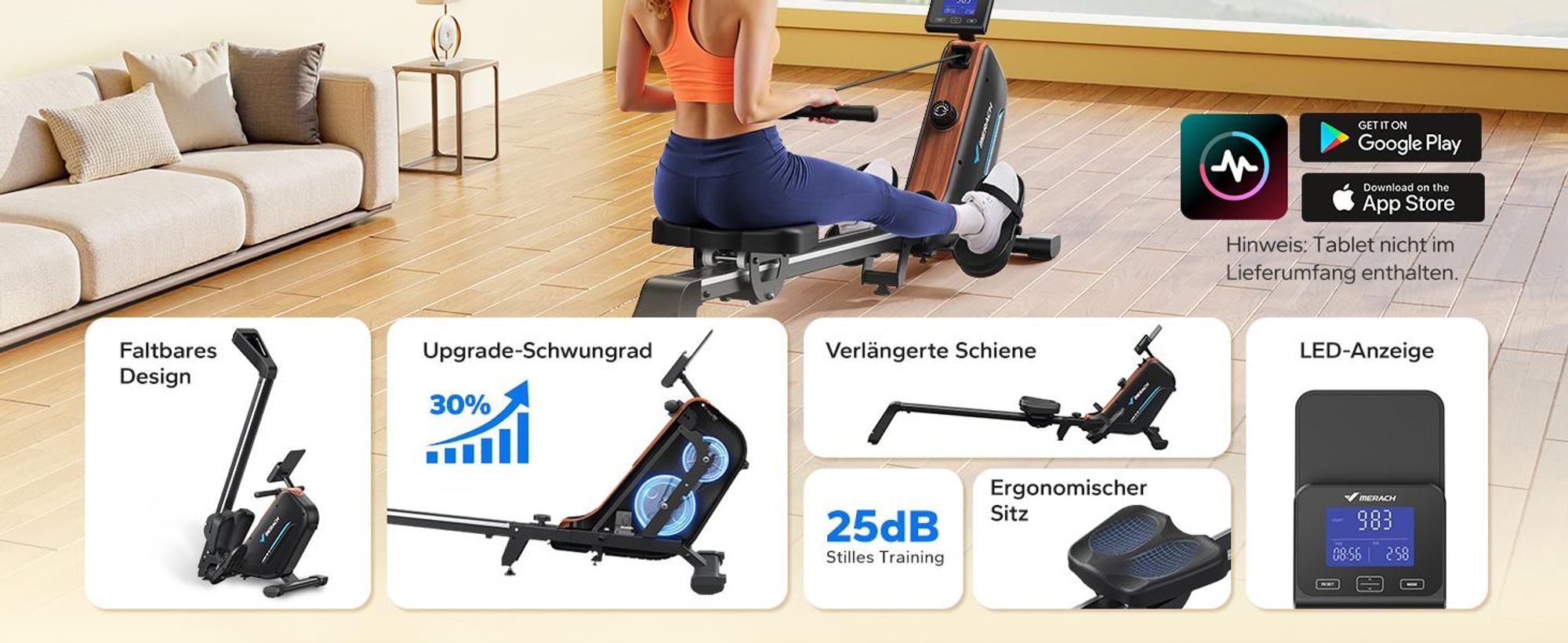MERACH klappbares Rudergerät für Zuhause – leise magnetisch, 16 Stufen, LCD-Display, Bluetooth & Kinomap, Tablet- & Flaschenhalter, bis 158 kg
