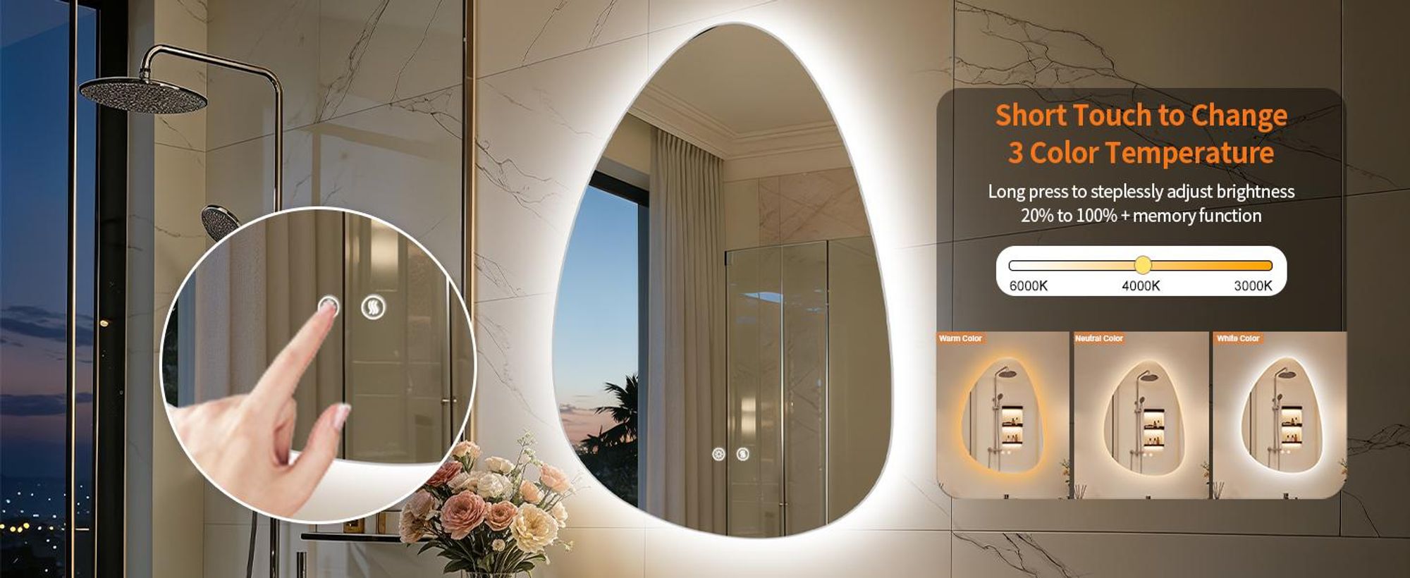 WISFOR Asymmetrischer LED Badspiegel 50x70cm mit Beleuchtung Touch Anti-Beschlag Dimmbar Badezimmer