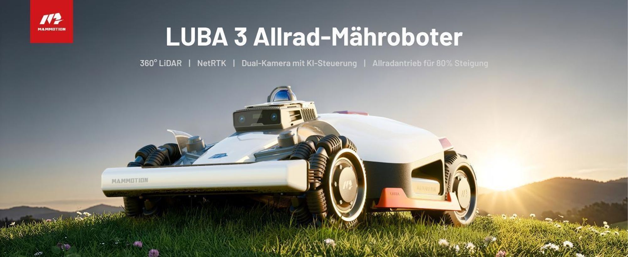 Mähroboter Mammotion LUBA 3 AWD 5000 mit Garage, bis 5000 m², Allradantrieb, 80% Steigung, Auto-Kartierung, 4G-Modul, APP