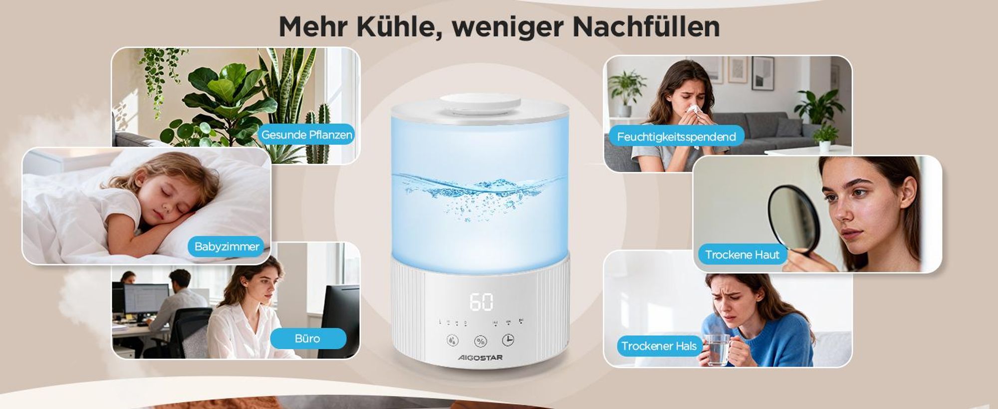 Aigostar - für Schlafzimmer Leise individuelle Luftfeuchtigkeit 7 Farblichter