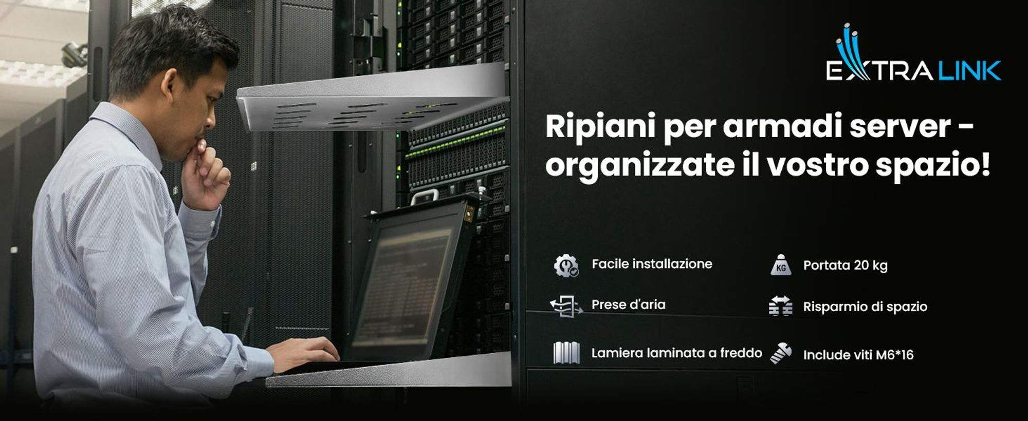Extralink Mensola Rack 19", 1U, 250 mm, Acciaio, Grigio