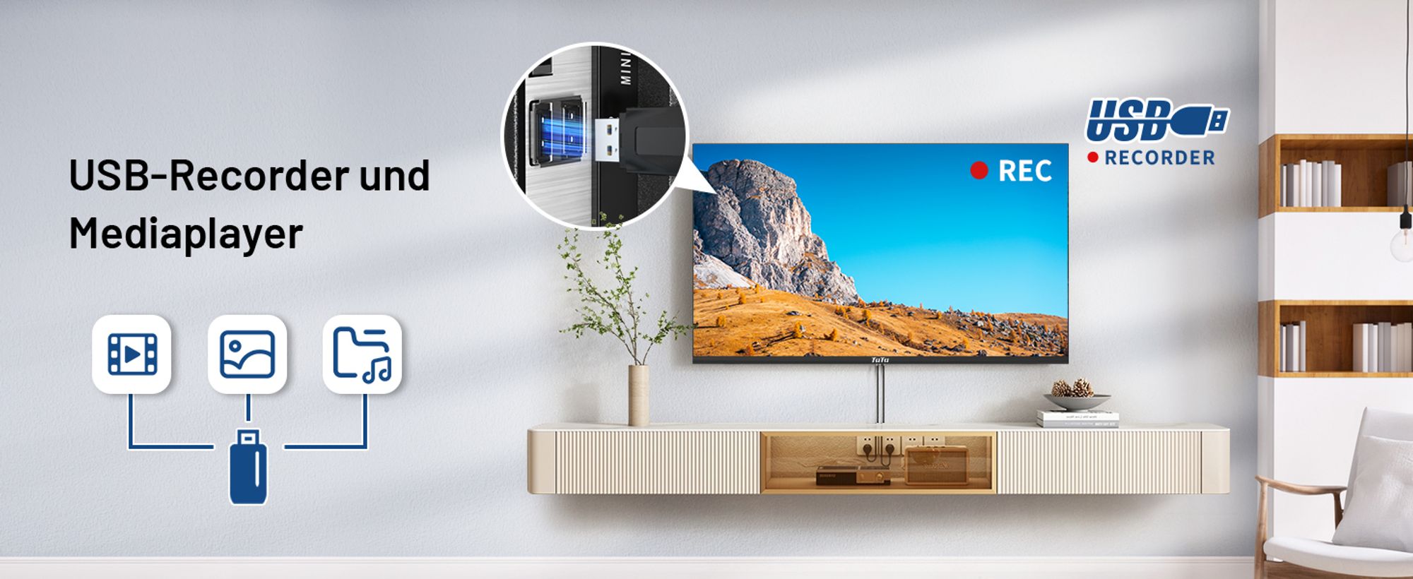 TuTu Standard TV - LED HD - 32 Zoll/82 cm - Randlos Design - Mittelfuß - Tripple Tuner DVB-T/T2/S/S2/C - HDMI x3, USB x2, CI+ - Montiert in Eindhoven - TUB32HN1NC