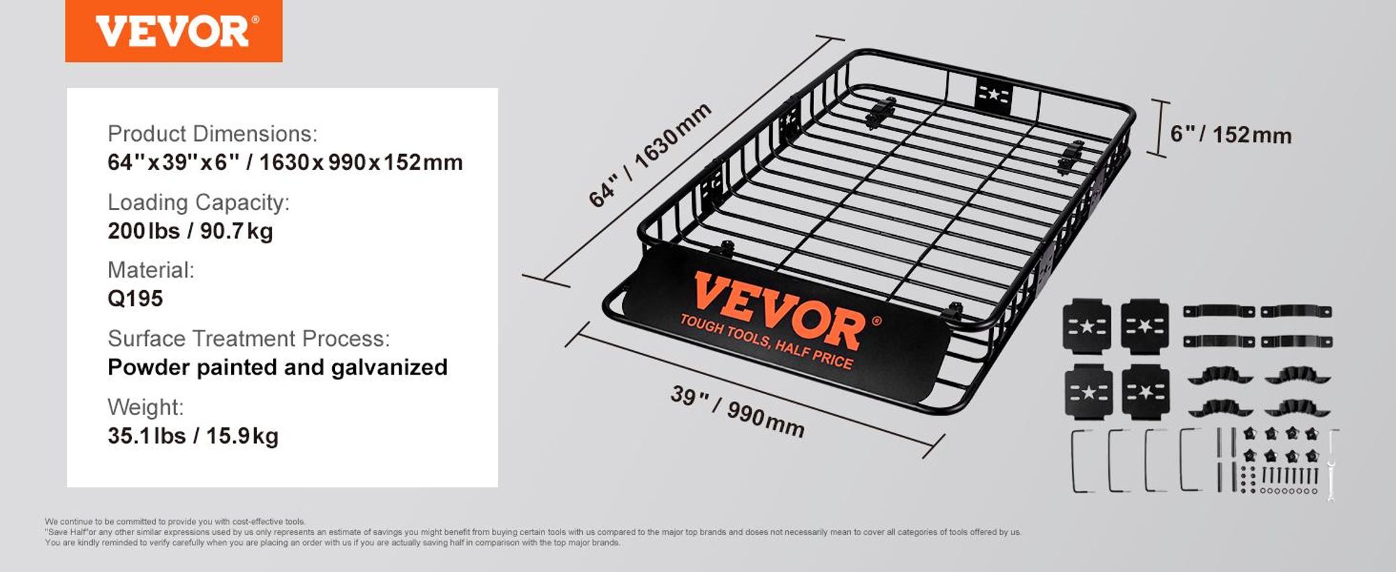 VEVOR Dachgepäckträger, 130,5 x 91,5 x 12,7 cm Dachgepäckträger mit 15 Cu Ft wasserdichtem Gepäckbeutel, 90 kg Tragfähigkeit Universeller Träger für SUV, Lkw, 64 x 39 x 6 Zoll