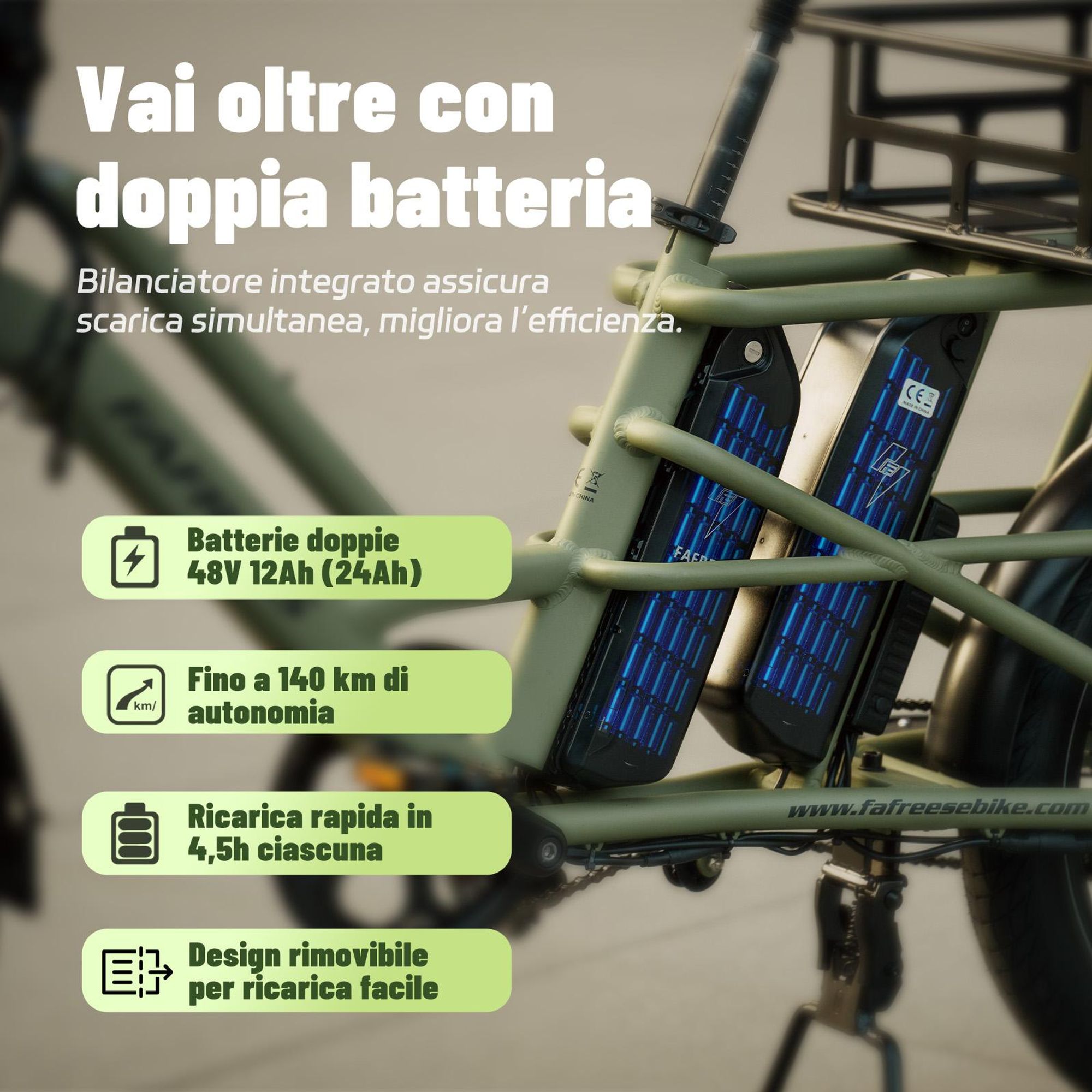 Seggiolino doppio FAFREES FF20 CUV per e-bici 24AH, 0-12 anni, portata 100kg telaio acciaio antiruggine-nero
