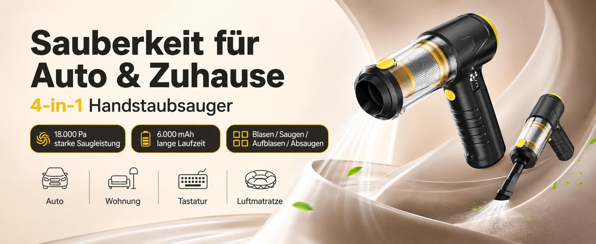 4-in-1 Auto Staubsauger, 18000 pa Akku Handstaubsauger mit LED-Licht, Digitalem Display, Ultra-leiser, 3 Modi, Tragbar für Auto, Haushalt, Tierhaare