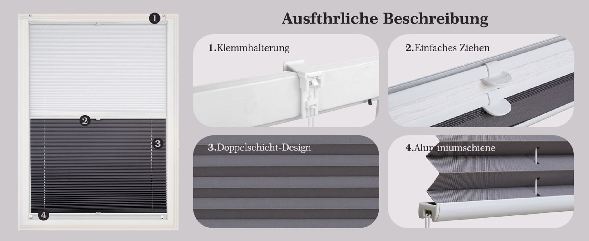 Sekey Plissee 80×130 cm ohne Bohren Day+Night Verdunklungsplissee Weiß+Grau Blickdicht Faltrollo Klemmfix 100% Verdunkelnd Sichtschutz für Fenster