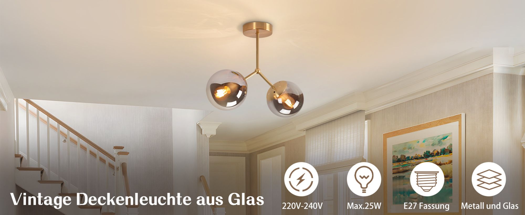 ZMH deckenlampe Glas Deckenleuchte Flur Vintage E27 Decke in Gold Kugelglas Deckenbeleuchtung 2 flammig Industrial Flurlampe Metall Ohne Leuchtmittel
